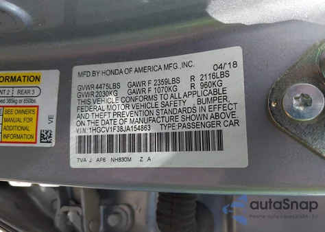 2018 Honda Accord Sport from USA, damaged, VIN 1HGCV1F38JA154863